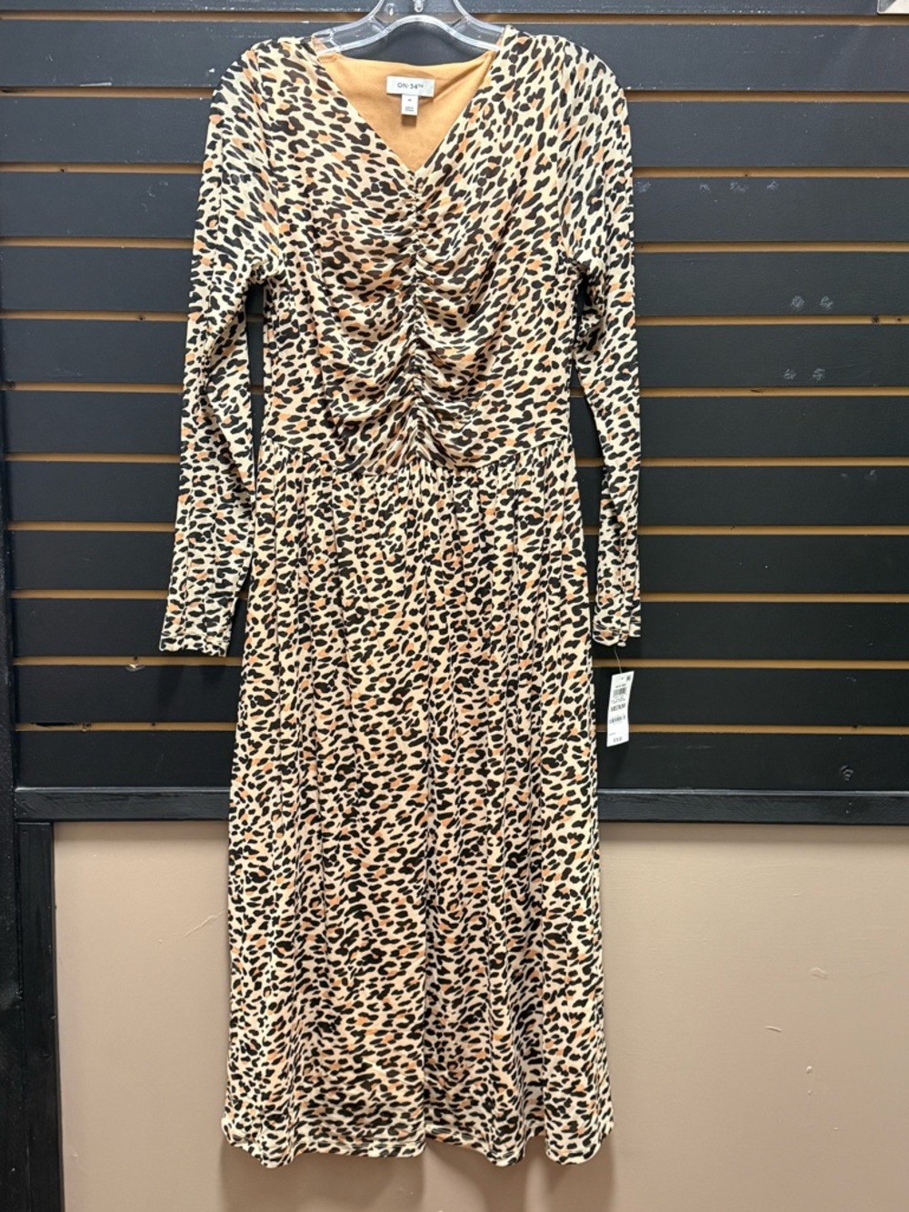 On 34th Leopard Print Mesh Midi Dress Ruched Front Medium Nwt